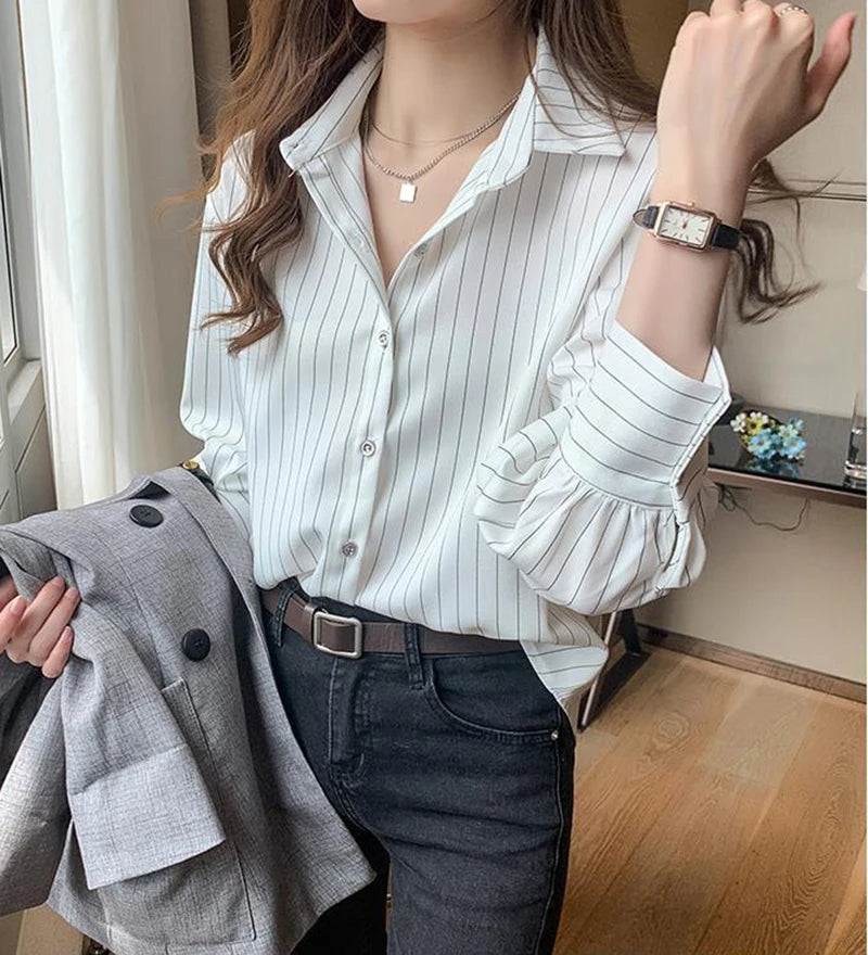 Striped Shirt Women Summer Vintage Chic Loose Long Sleeve Top Y2K Office Ladies Fashion Casual Turn Down Collar All Match Blouse