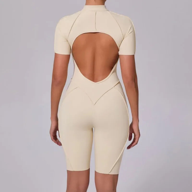 Seamless Yoga Jumpsuits Sports Fitness Zipper Hip-lifting Short-sleeved Backless Dance Workout Gym Shorts Bodysuits for Women