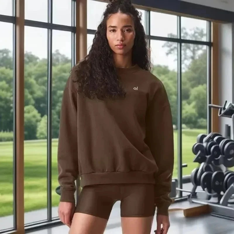 Autumn Women's Sweatshirts Casual New Loose Long-sleeved Pullovers Women Solid Color Black Sports Crew-neck Hoodies Gym Tops