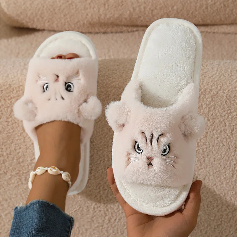 Cute Cartoon Cat Home Slippers for Women Open Toe Non Slip Wave Sole Faux Fur Slides Woman Autumn Winter Plush Indoor Slippers