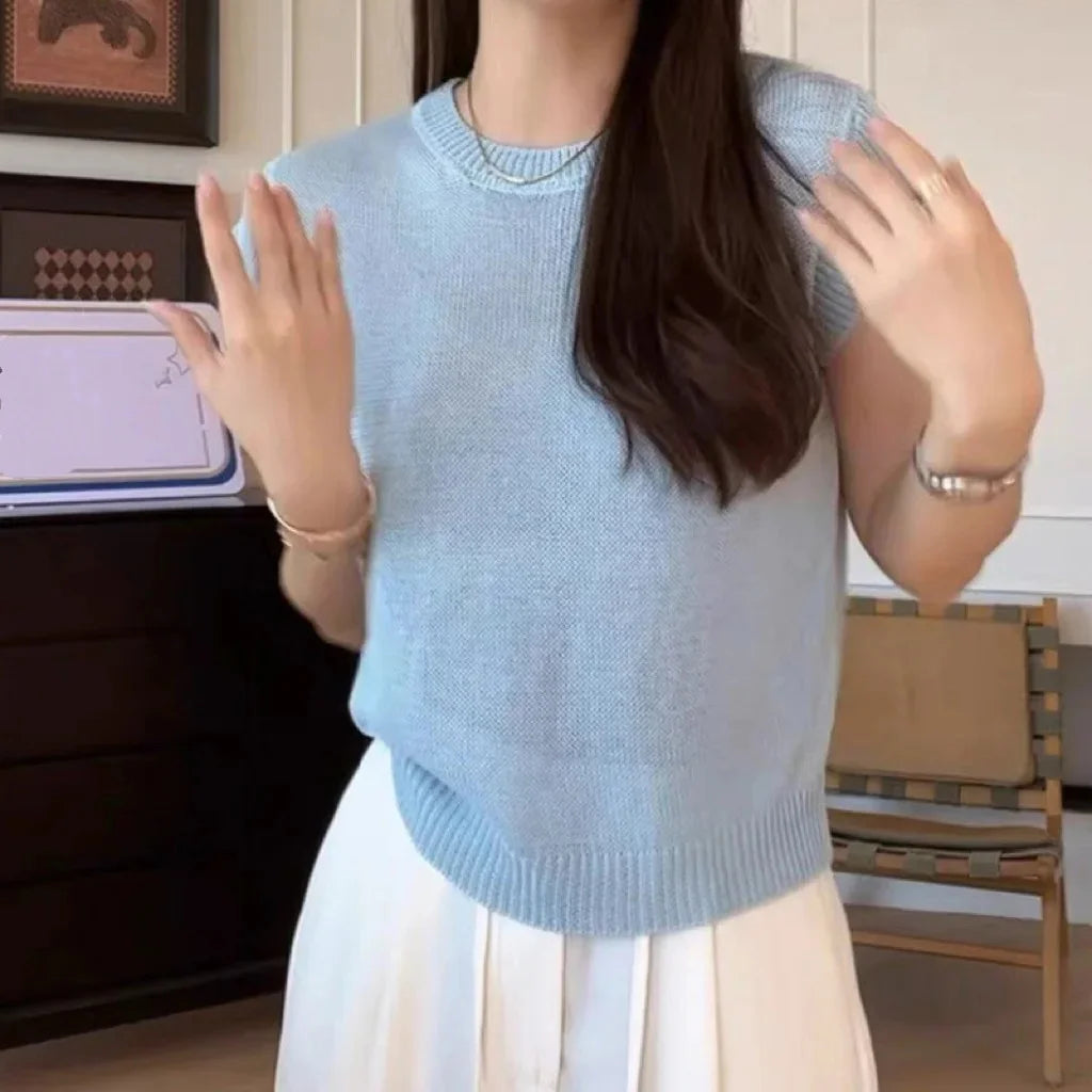 Korean Style Ice Silk Knitted Short Sleeve T-Shirt Women Summer Slim Fit Short Fashionable Top Crew Neck Solid Color