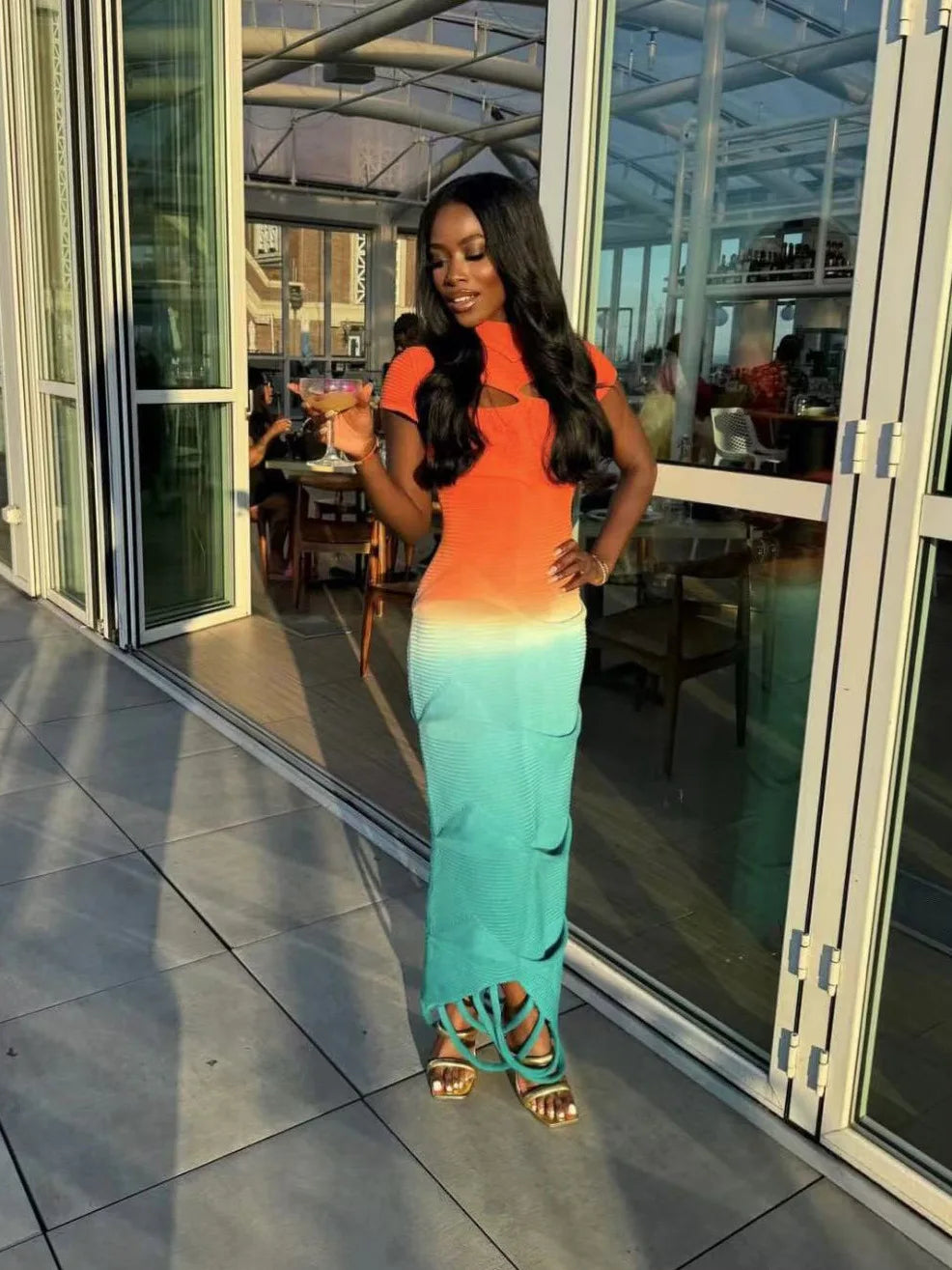 VEITCHE Fashion O-Neck Knitted Sweater Women Dress Pullover Sexy Gradient color Long dress 2025 & 2026 New Spring Summer Maxi Dresses