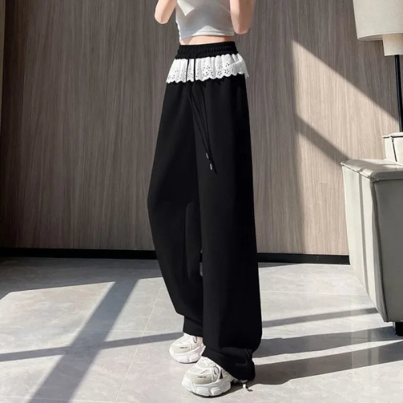 Pink Lace Splicing Design Wide Leg Pants Women's Loose Casual Sweatpants Spring New Style Slimming Effect Comfortable Fit