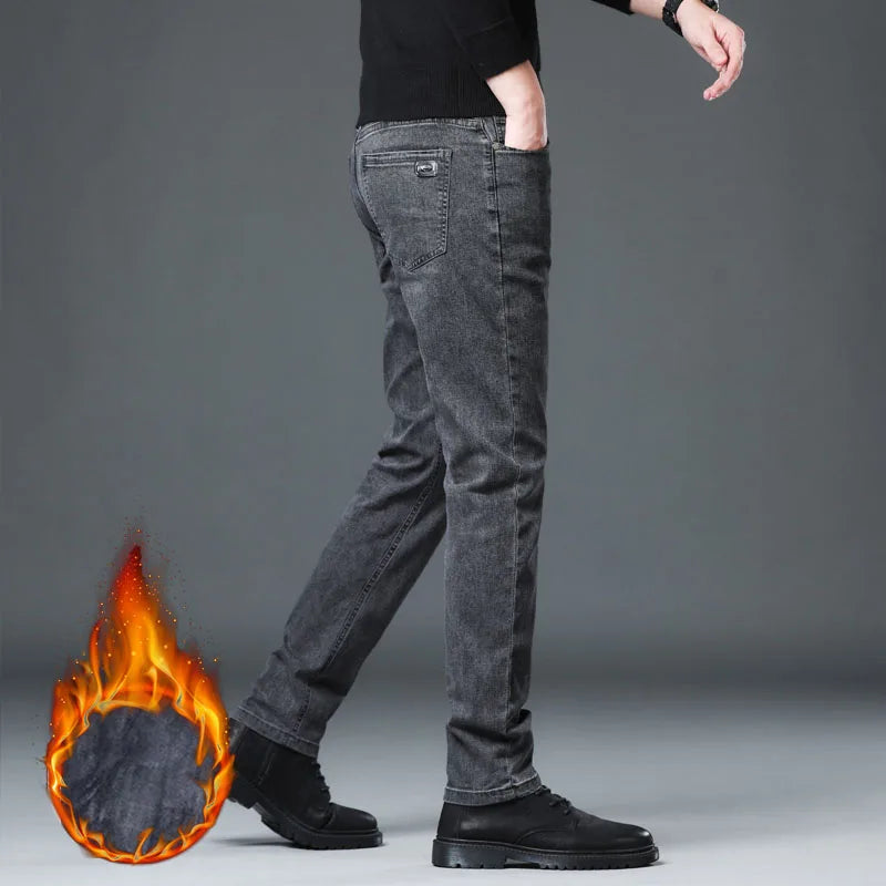 Men's Fleece Elastic Jeans Thick Warm Slim Fit Business Trousers Classic Solid Color Fashionable High-quality Trend Cozy Pants