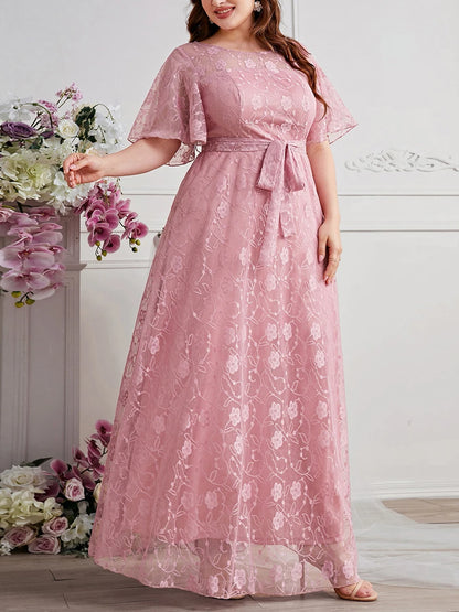 Women's Plus Size Dress Round Neck Short Sleeves Oversized  A-Line Tulle Pink High Waist Floral Lace Formal Evening Dresses