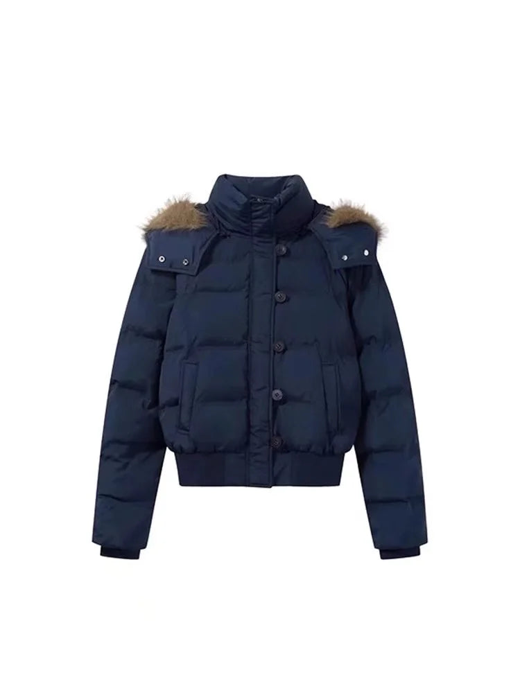 Autumn Winter Fur Hooded Jacket Women Outerwear Thick Dowon Cotton Padded Slim Short Parkas Female Cropped Puffer Bubble Coat