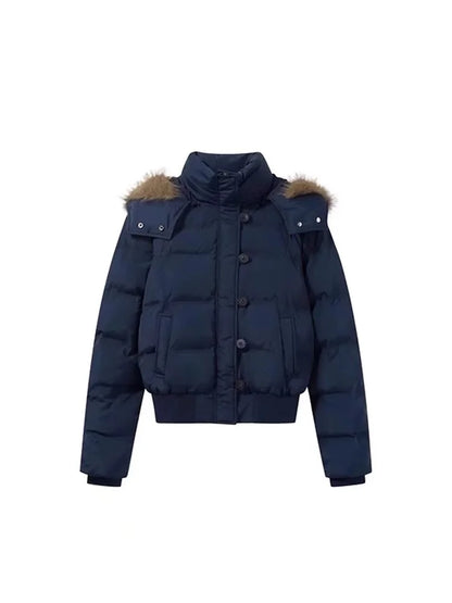 Autumn Winter Fur Hooded Jacket Women Outerwear Thick Dowon Cotton Padded Slim Short Parkas Female Cropped Puffer Bubble Coat