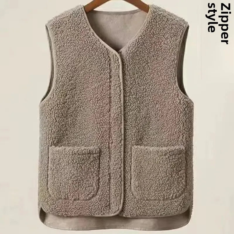 Fashionable Integrated Women's Vest Double Layer Flocking Vest Autumn/Winter Style Jacket Crew Neck Design For All Seasons