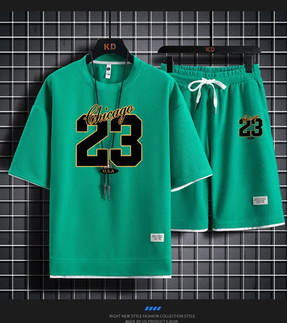 High Quality Men's Korea Comfortable and Summer  Fashion Print Sports Suit Fitness Jogging Daily Casual Wear Beach Shorts Set