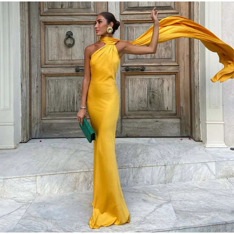 Elegant Ribbon Halter Dress Women Solid Off Shoulder Sleeveless Backless Slim Maxi Dresses 2026 Summer Autumn Party Robes Lady