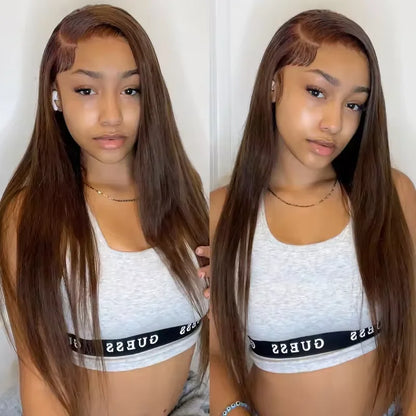 13x6 HD Transparent Lace Front Wigs #4 brown chocolate straight human hair 36 Inches   200 Density Brazilian Human Hair For Wome