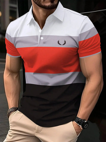 2025 New Men's Summer Short Clothes Sleeved Lapel 3D Digital Printed Striped Polo Shirt Men's Business Casual Top Clothes