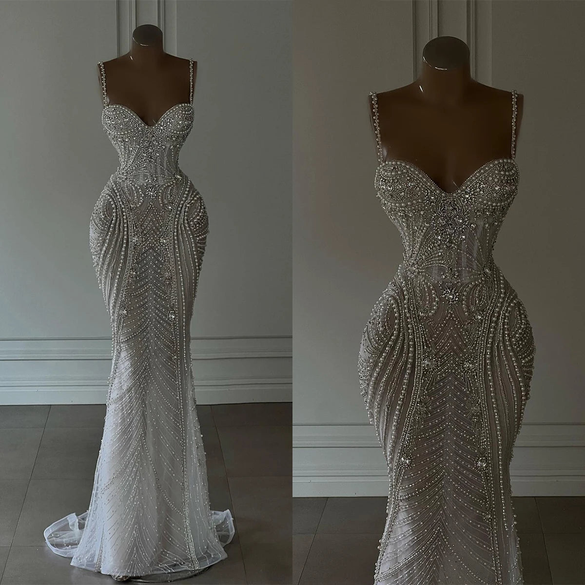 Gorgeous Mermaid Spaghetti Strap Prom Dress More Pearls Crystal Beading Evening Dress V-Neck Customized Party Gown