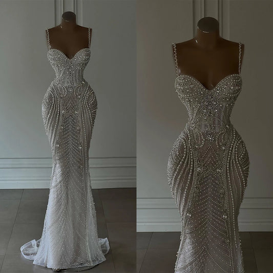 Gorgeous Mermaid Spaghetti Strap Prom Dress More Pearls Crystal Beading Evening Dress V-Neck Customized Party Gown