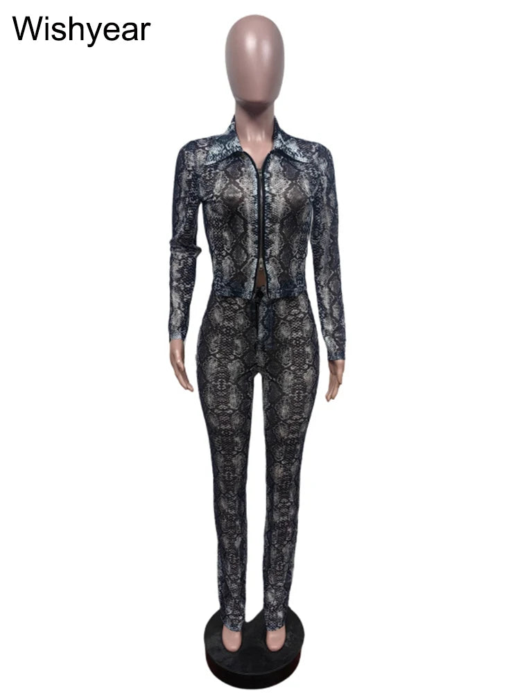 Sexy Night Club Snake Pattern 2 Pieces Women Set Full Sleeve Crop Tops and Pants Clubwear Skinny Midnight Party Outfits Y2K