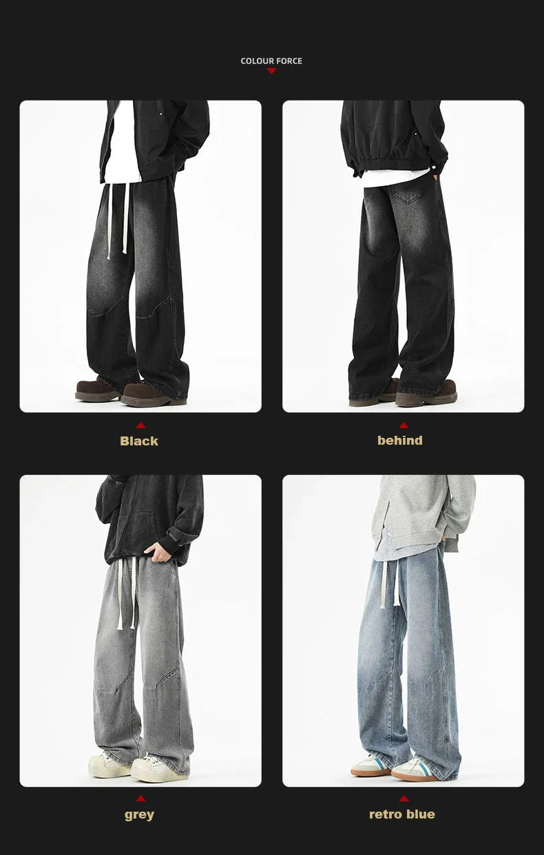 2025 Hip-hop Baggy Denim season elastic waist New Korean Men's Jeans American Loose Fit Wide-leg Straight Casual Trousers Street
