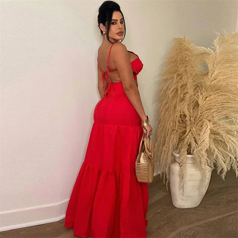 Sexy Party Club 2 Piece Sets Women Outfit Summer Dress Flower Crop Top and Long Skirt Set Elegant Vacation Festival Outfits