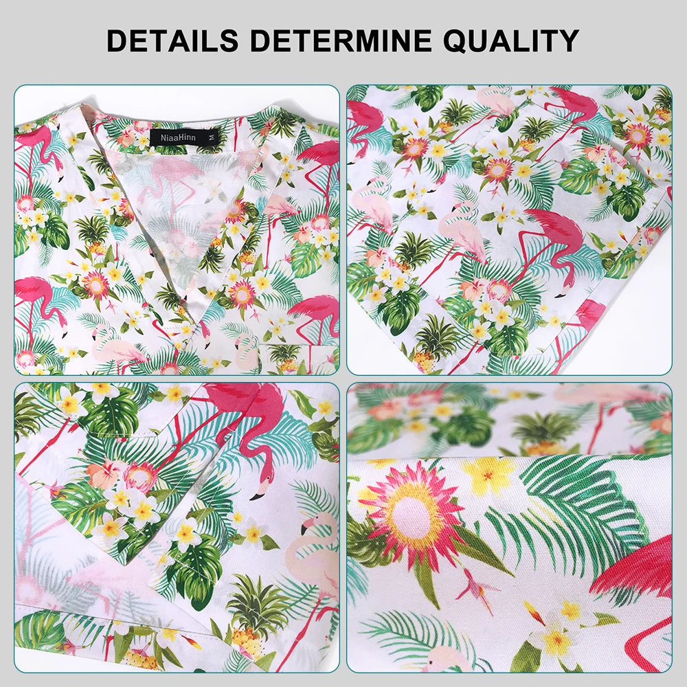 Hot Sales V-Neck Printed Scrub Tops for Women Men Nurse Uniform 100% Cotton Breathable Scrubs Uniforms Medical Blouses Wholesale