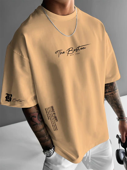 Men's summer 100 cotton fashionable casual sports loose Boston city slogan printed round neck short sleeved T-shirt top