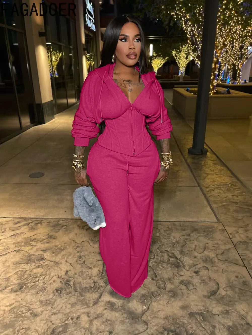 FAGADOER Casual 2 Pieces Set for Woman Outfits Solid Color Bandage Patchwork Hooded Crop Top and Pants Suit Female Streetwear