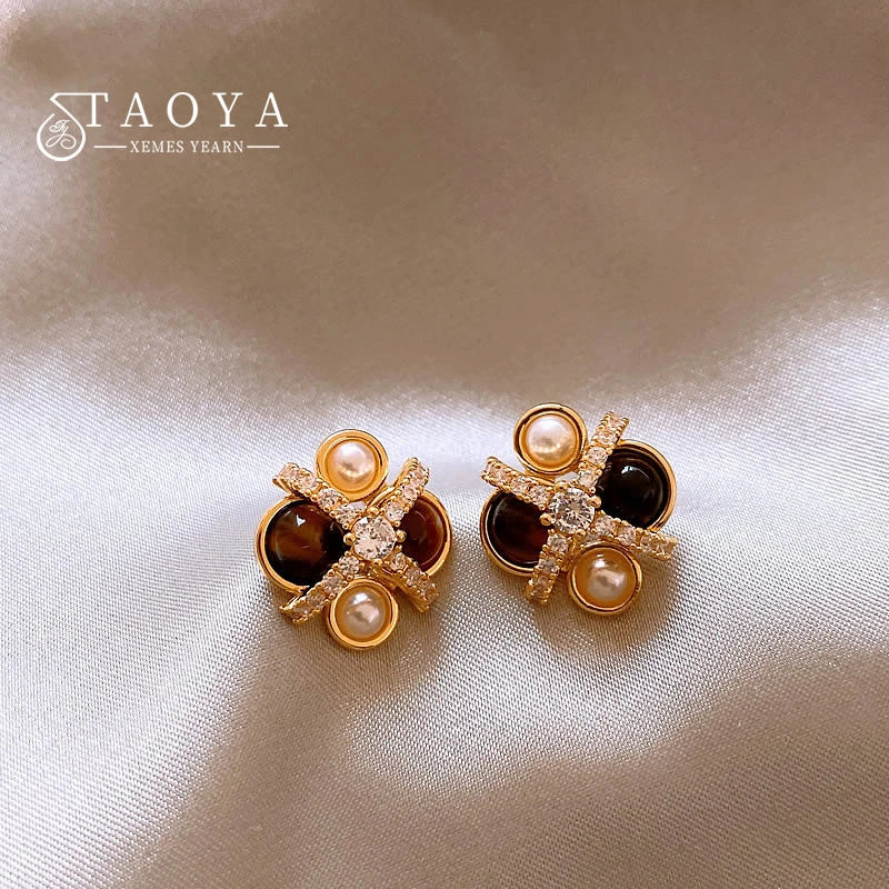 2025 New Design Natural Tiger Eye Stone Micro inlaid Zircon Geometric Earrings for Women's Trendy Jewelry Luxury Accessories