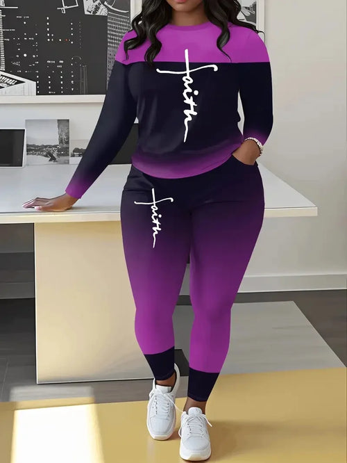 Plus Size Women's Suit, Fashionable Letter Print Patchwork Two-Piece Set