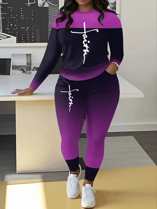 Plus Size Women's Suit, Fashionable Letter Print Patchwork Two-Piece Set