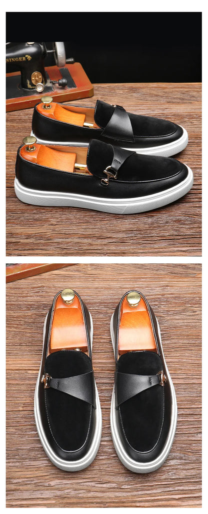 Men's Suede Casual Shoes Embossed Leather Men Fashion Buckle Loafers Mens Slip-on Board Shoes Outdoor Flats Big Size 38-46