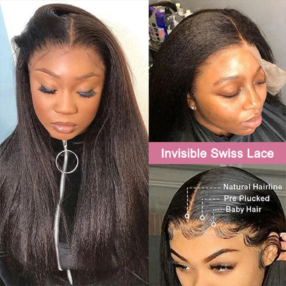 High Density Kinky Straight 360 Lace Front Wigs Human Hair Brazilian 40 Inch Yaki Straight 13x6 HD Lace Frontal Wig Preplucked