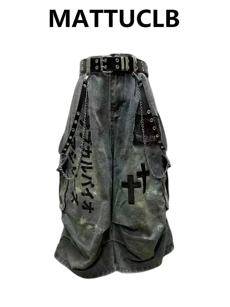 Summer Women Goblin Core Cross Denim Jorts Shorts Y2k Calf-Length Jean Pants Trashy Y2K Abi Japanese Cyber Punk Grunge Unisex