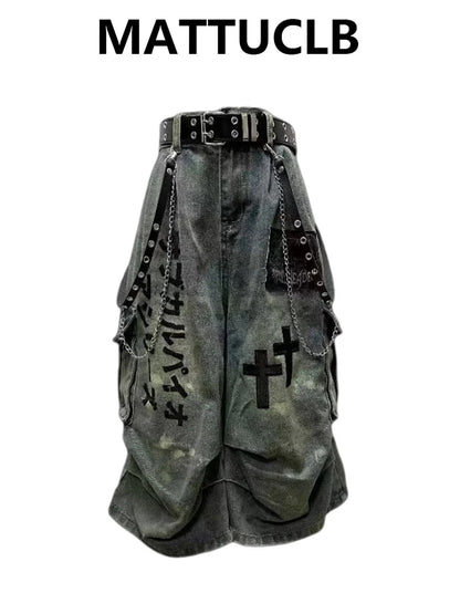 Summer Women Goblin Core Cross Denim Jorts Shorts Y2k Calf-Length Jean Pants Trashy Y2K Abi Japanese Cyber Punk Grunge Unisex
