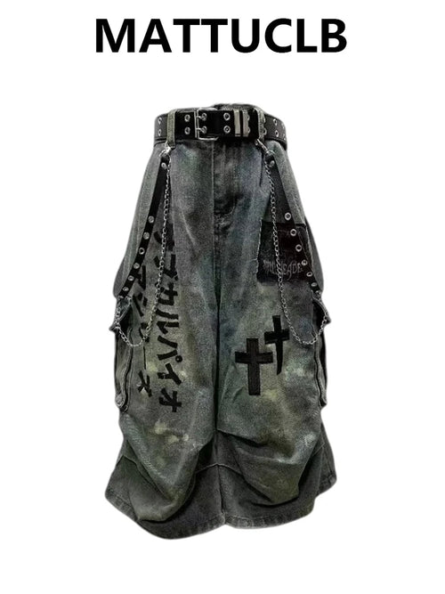 Summer Women Goblin Core Cross Denim Jorts Shorts Y2k Calf-Length Jean Pants Trashy Y2K Abi Japanese Cyber Punk Grunge Unisex