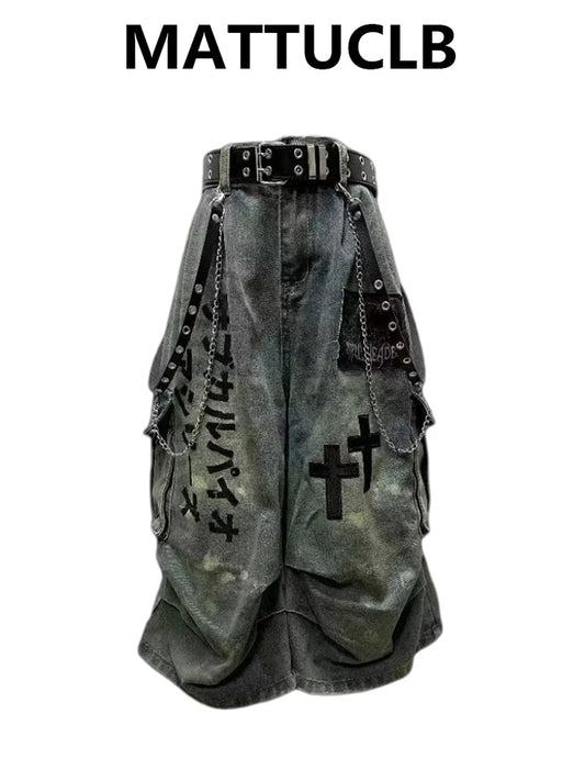 Summer Women Goblin Core Cross Denim Jorts Shorts Y2k Calf-Length Jean Pants Trashy Y2K Abi Japanese Cyber Punk Grunge Unisex