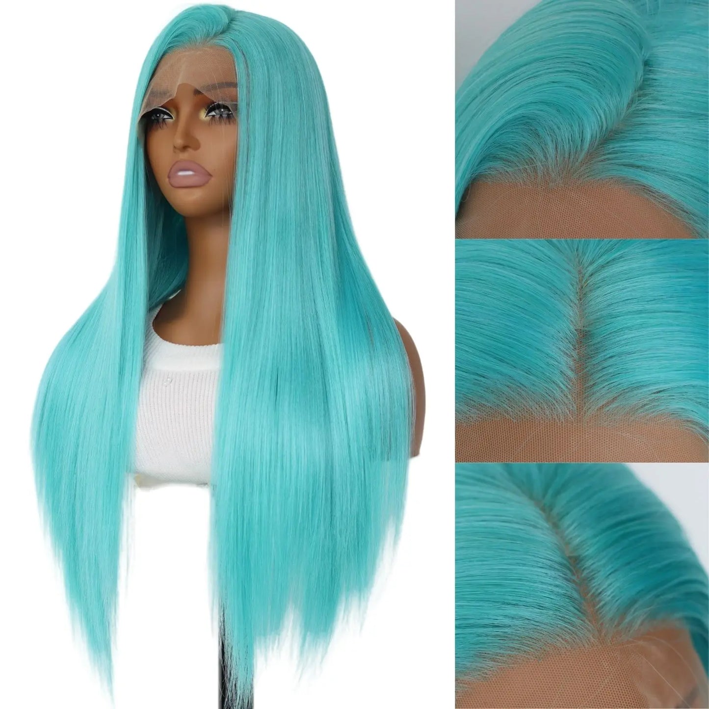 Mint Blue Color Synthetic Lace Front Wigs for Fashion Women 24 Inch Long Silky Straight Hair Mint Green Wig 13x4 HD Lace Front W