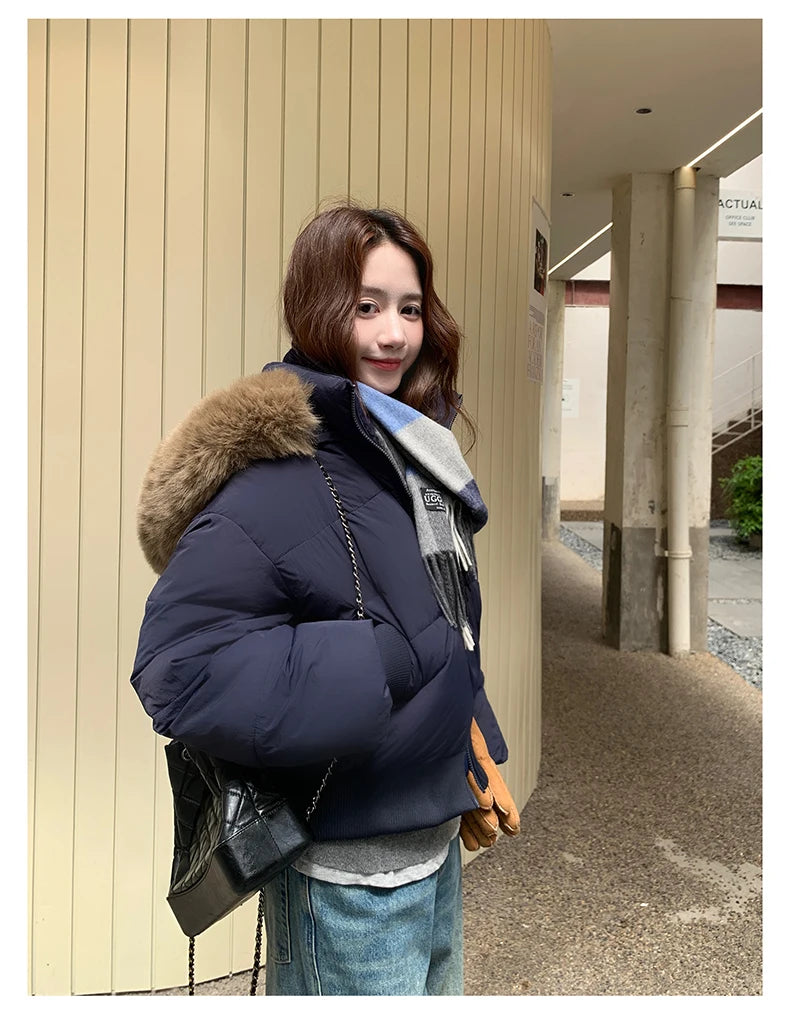 Casual Warm Fur Hooded Cropped Parkas Chic Streetwear Korean Style Down Cotton Coat Thicken Short Women's Winter 2025 Jacket