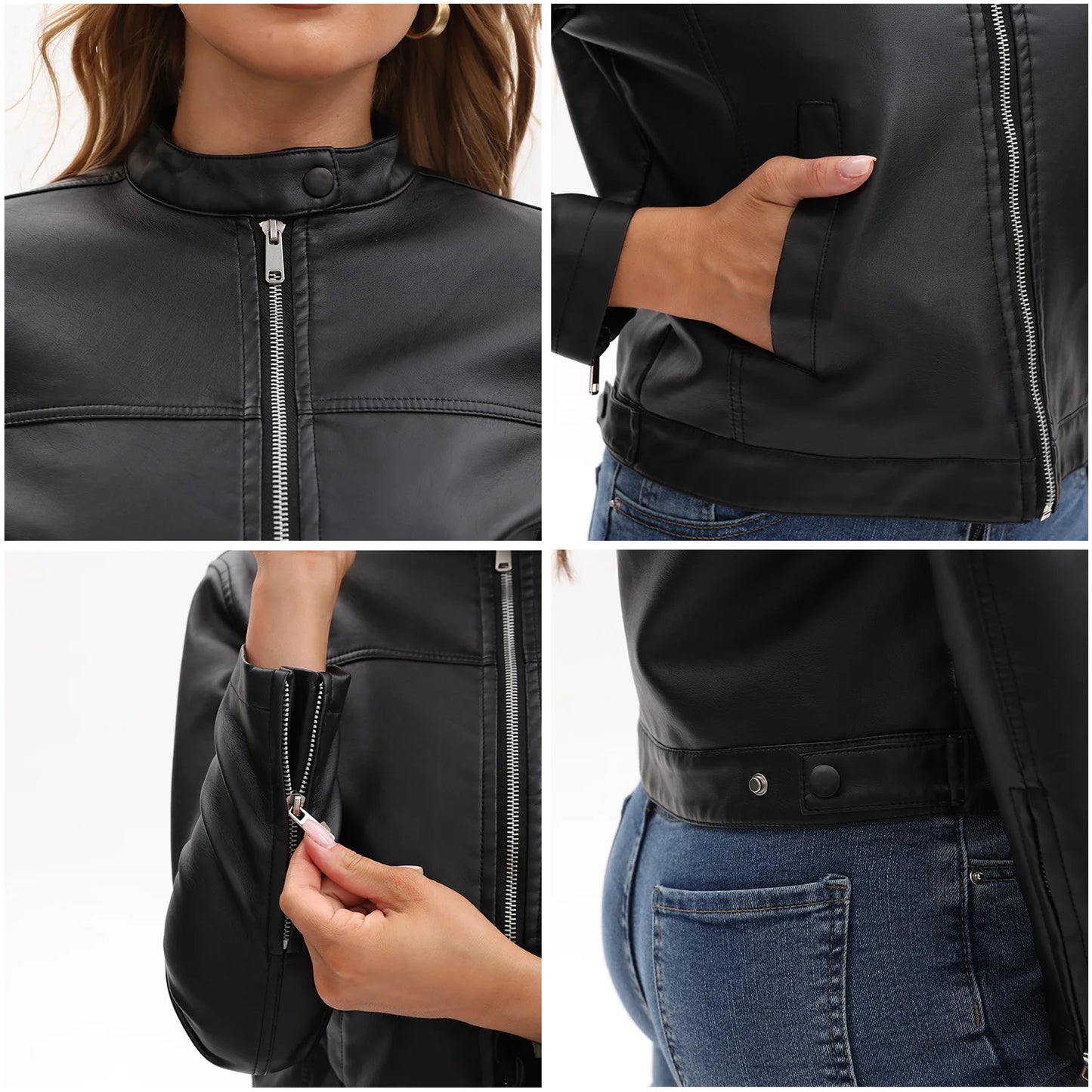 Black Women's Fitted Leather Jacket with Front Zipper & Side Pockets‌, Available in Brown, Navy Blue, and Beige.