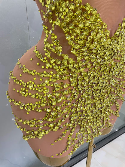 STOCK Sparkly Rhinestones Sexy Mesh See Through Dress Party Evening Prom Celebrate Birthday Dress Singer Dancer Show Stage Wear