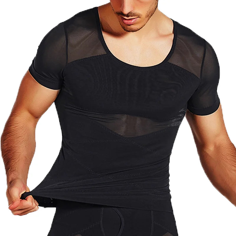 Mens Mesh Body Shaper Short Sleeve Compression Shirts Belly Slimming Undershirt Workout Abs Abdomen Tummy Control Tops Shapewear