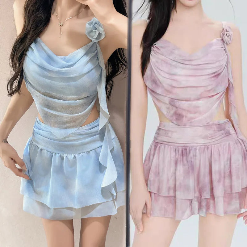 sexy 3D flower Korean fashion wrinkled tie dye print vest swimsuits two pieces with mini skirt culottes bikini set sweet biquini