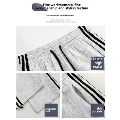 Black Striped Sports Pants Women's Spring Autumn Wide Leg Casual Loose High Waist Straight Leg Sweatpants