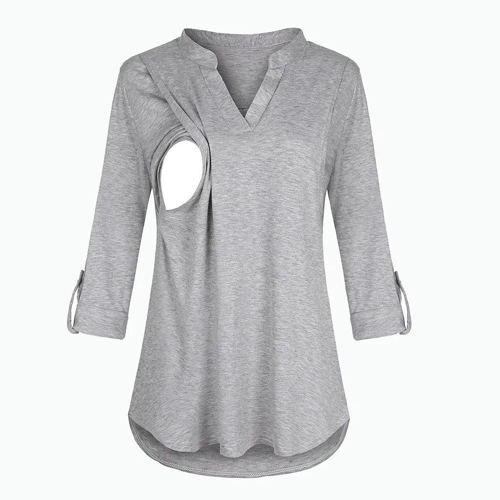 Women's Maternity Breastfeeding T-shirt V-Neck Solid Color Long Sleeve Nursing Tops Clothes for Pregnant Women