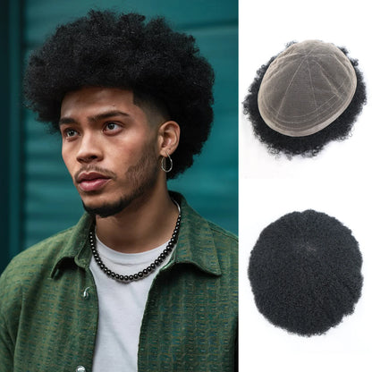 Men’s Toupee 6 Inch Human Hair Afro Curly Wig Full Lace Base 4mm Curls Natural Black 130% Density Breathable Replacement System