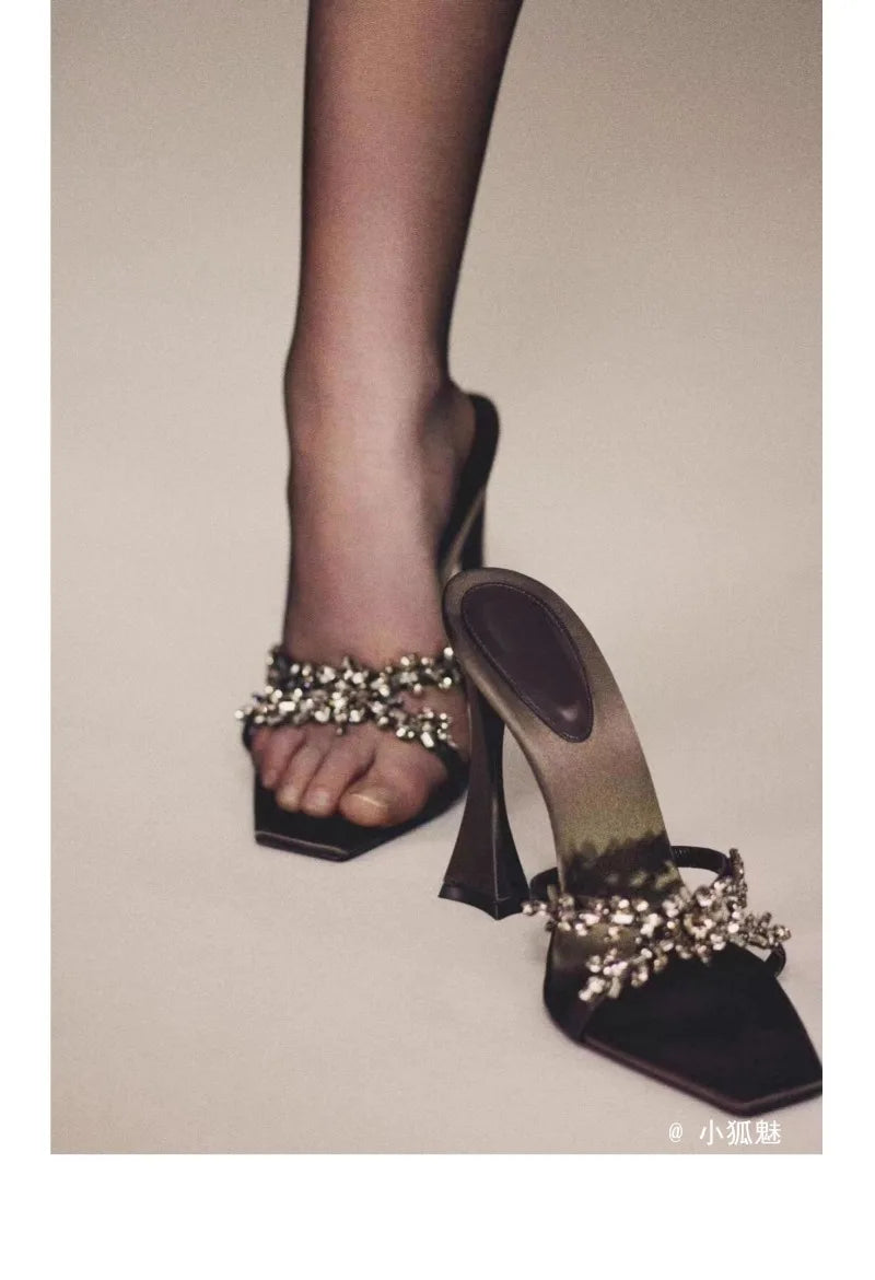 2025 NEW High Quality Luxury Heels Women's Sandals Designer Shoes Rhinestone Square Toe Open Toe Slides Женская Обувь