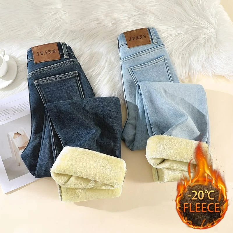 Woman High Waist Fashion Thermal Wide Leg Jeans Female Y2k Clothes Baggy Pants Girl Autumn Winter Snow Versatile Denim Trousers