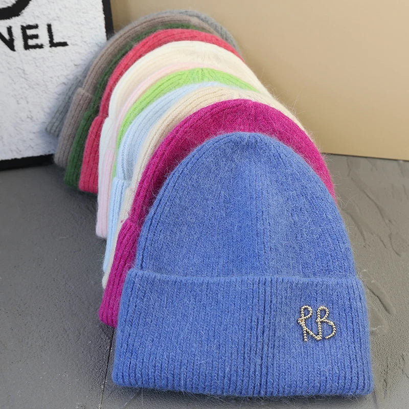 Letter Fluffy Angora Fur Beanies Winter Hat for Woman Luxury Fluffy Knited Hat Bonnet Lady Autumn Winter Warm Skullies Cap