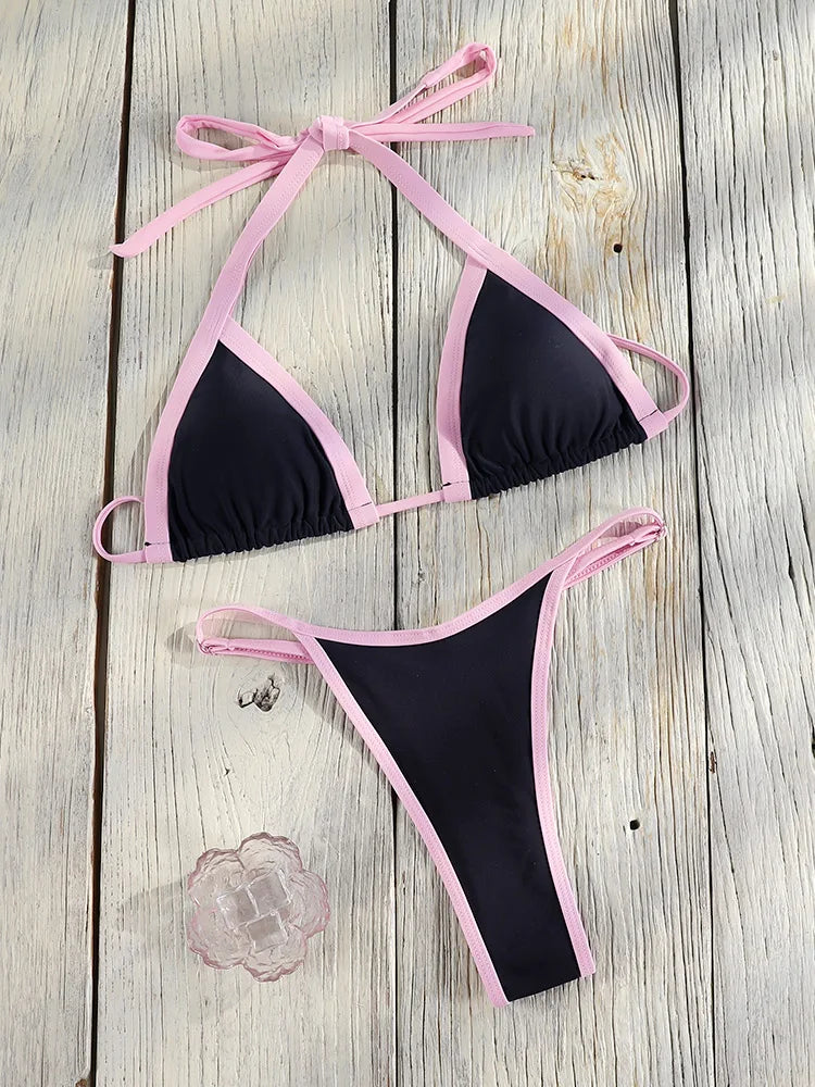 Halter Bordered Swimsuits Women Triangle Bikini 2025 Bandage Swimwear Print Bathing Suit Sexy Biquini Mujer Low Waist Beach Wear