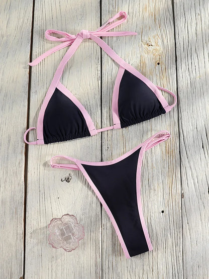 Halter Bordered Swimsuits Women Triangle Bikini 2025 Bandage Swimwear Print Bathing Suit Sexy Biquini Mujer Low Waist Beach Wear