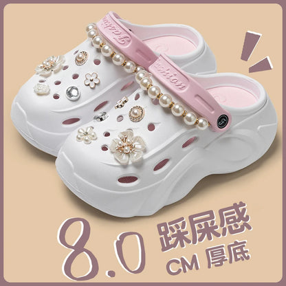 Summer Fashion Pearl Chain DIY Clogs Women 2025 Chunky Platform Slip On Sandals Women Thick Bottom EVA Slippers Shoes Woman Heel