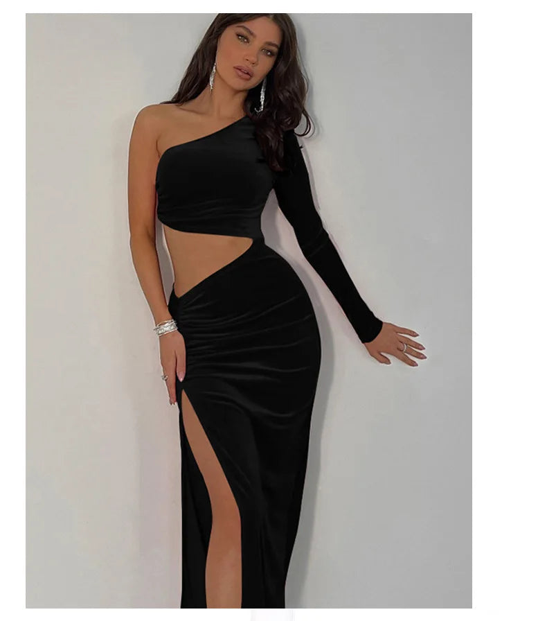 Y2K Diagonal Collar Dress for Women Vintage Black Dresses Single Shoulder Sleeve Tops Dew Waist Skirt Spring Summer Outfit