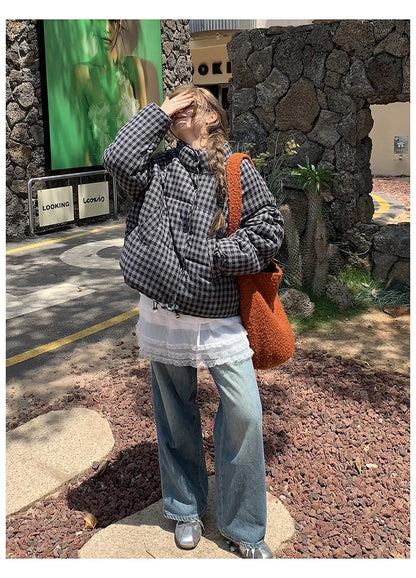 MEXZT Short Plaid Parkas Women Streetwear Stand Collar Puffer Jacket Winter Korean Down Coats Fashion Cotton Padded Outerwears